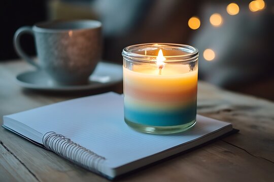 A clear glass jar candle with layered pastel wax, glowing gently beside an open notebook and ceramic mug on a wooden desk - Powered by Adobe