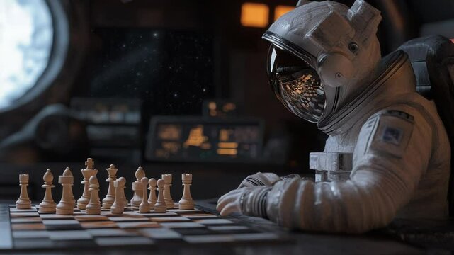 An astronaut focused on a chess game aboard a spacecraft, showcasing the intersection of strategy, space exploration, and intellectual pursuit in a futuristic setting.