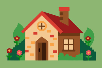 Vector illustration of a charming green cottage in a garden with flowers, perfect for residential property or real estate design