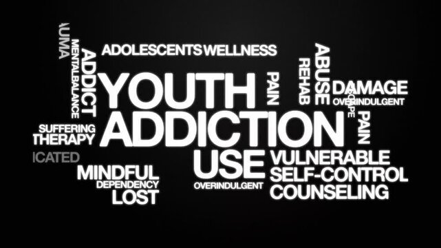 Youth addiction   Animated Tag Word Cloud kinetic typography concept, Text Design Animation typography seamless loop video motion graphics Intro 4k, animated Word Art Looping Text effects