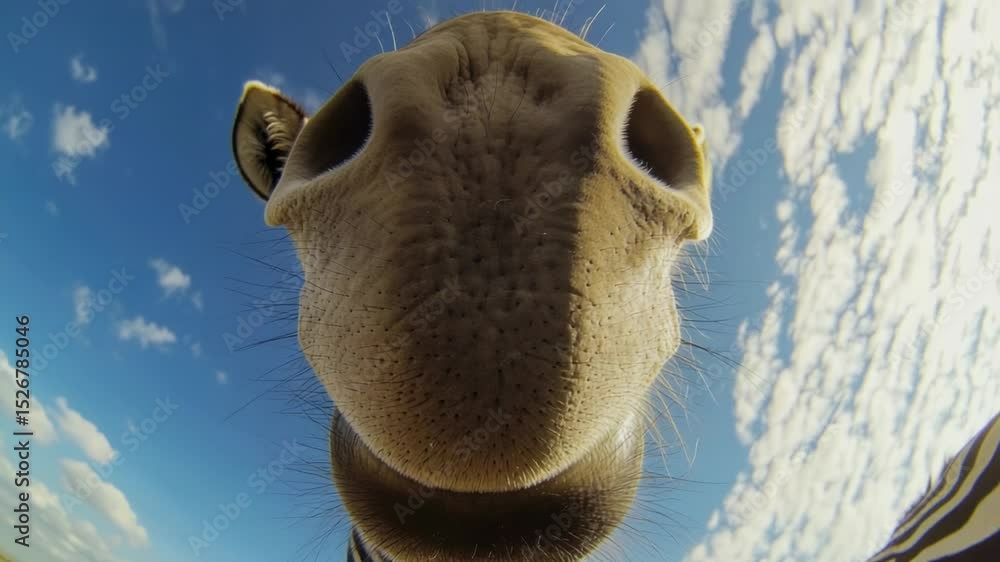Poster A close-up view of a giraffe's face with clouds in the background