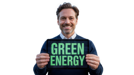 Man holding tablet with green energy text, isolated on transparent.