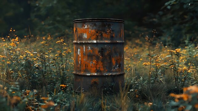A weathered, rusty metal barrel sits in a field of wildflowers, telling a story of nature reclaiming an object.