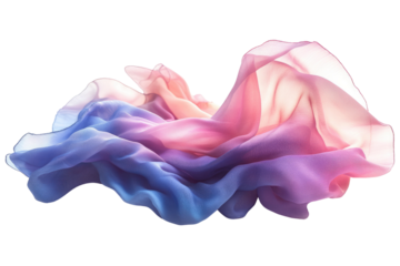 Flowing ombre chiffon fabric in shades of pink, purple, and blue. background removed