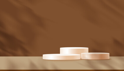 Autumn Background Studio with Light,Shadow on 3d beige Round Podium Display for Fall Product Design Banner,Vector Abstract minimalist stage mockup of pedestal platform with brown wall interior