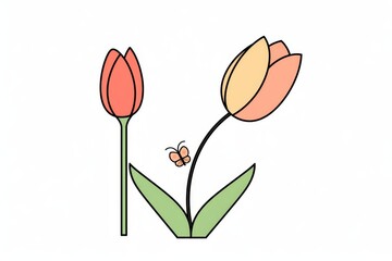 Simple doodle of two tulips and one bee, minimalist black line vector illustration, cute clip art style with bold outlines on white background.