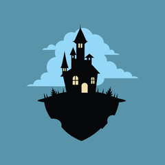 Spooky castle silhouette floating island under cloudy sky halloween illustration