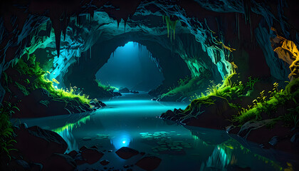 Mystical blue green cave with hanging stalactites, calm reflective river and distant light revealing a hidden underground world