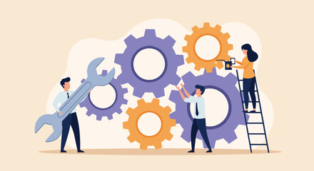 Business Improvement concept. Contemporary flat style abstract vector illustration of a group of diverse people with tools, troubleshooting a gear-shaped mechanism. Isolated on background. 