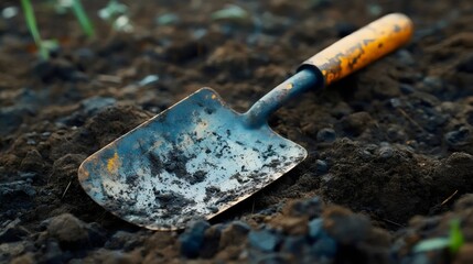 An old, rusty trowel in the soil, ready for gardening work in a backyard garden.