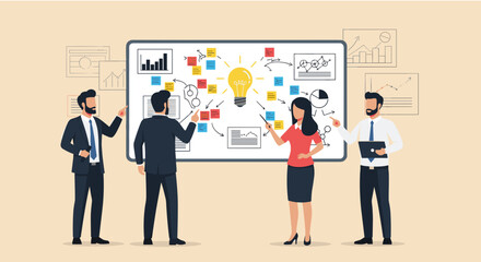 Business Workshop Concept. Vector cartoon illustration of a close-up group of diverse people standing near a board with sticky notes and discussing an idea. Isolated on background.