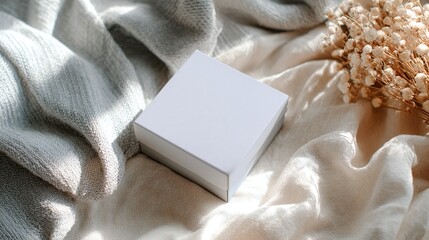 a small square box with an intricate design, possibly a wedding invitation, resting on a textured surface that could be a tableclo
