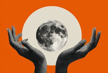 Two hands holding the moon, collage art style, light orange and white background