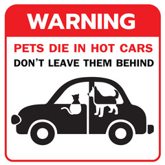 Vector-style safety sign emphasizing that pets can die in hot cars. Ideal for public awareness campaigns, parking lots, veterinary offices, animal shelters, and educational materials.