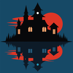 Haunted house silhouette with reflection and full moon halloween vector