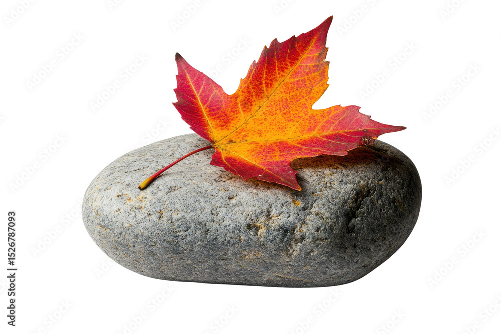 Poster a vibrant red and orange maple leaf rests gently on a smooth, grey stone. background removed
