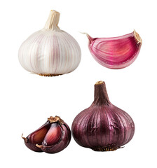 Garlic bulbs and cloves in various colors on a white background concept of isolated, isolated, no background