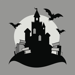 Spooky castle silhouette with bats and books under a full moon illustration