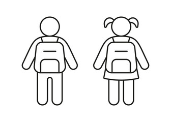Children with backpack for school line icon boy and girl. Kids back outline silhouette. Symbol little people. Vector illustration