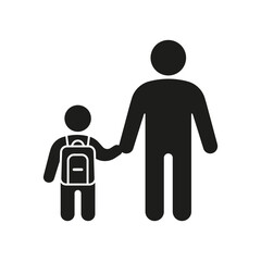 Child with backpack for school and parent, accompaniment icon. Maintenance of kid, back view outline silhouette. Symbol family. Vector illustration