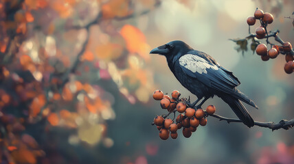 Obraz premium A black and white raven perched on the branch of a colorful tree with brown fruits against a blurred background in a Dutch city