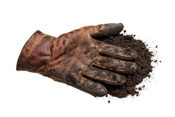 A dirty brown leather work glove holds a pile of dark soil. background removed