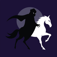 Dark rider on white horse silhouette against moonlit night vector illustration