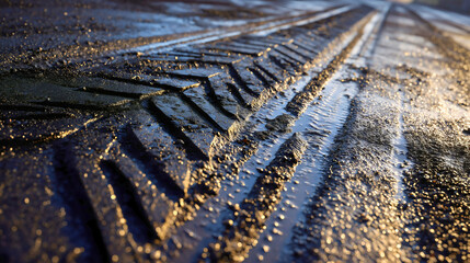 Obraz premium A close-up view reveals gritty tire tracks deeply impressed into wet mud, capturing the raw texture of a rugged outdoor environment.
