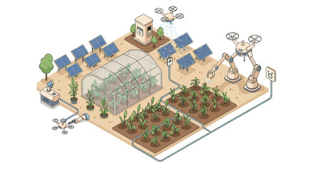 Sustainable farming automation with drones and solar-powered greenhouse vector illustration