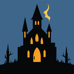 Spooky halloween castle silhouette with yellow windows and smoke on a dark background