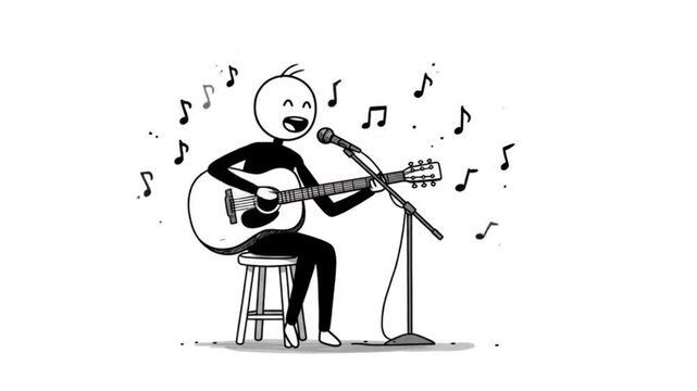 Singing Cartoon Character Playing Guitar on White Background