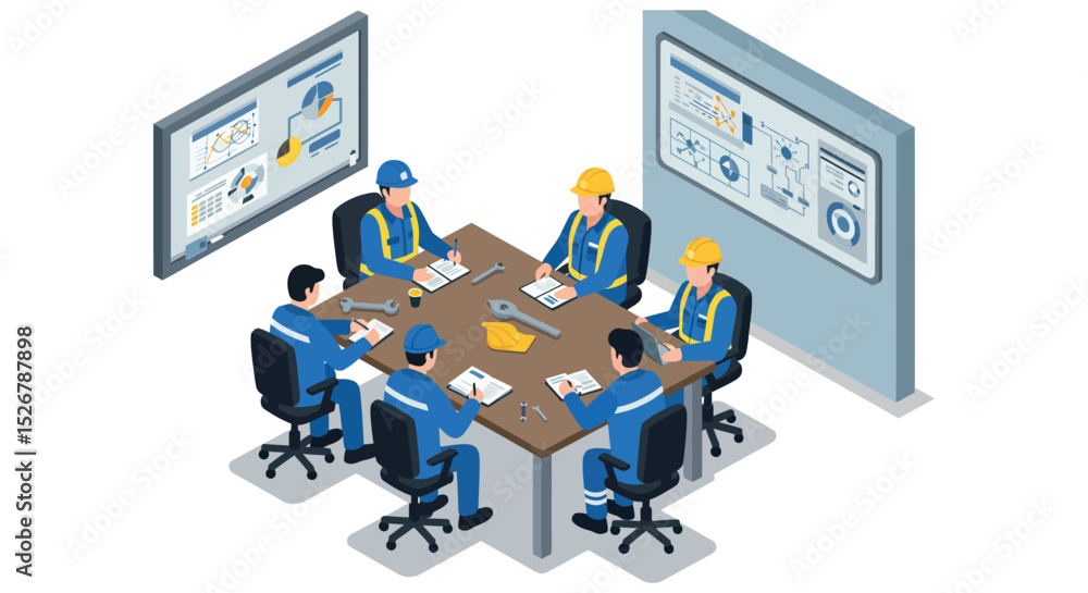 Poster engineers and technicians collaborating in a conference room for planning and project design vector 