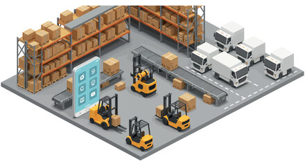 Modern warehouse logistics and delivery system with forklifts and trucks vector illustration