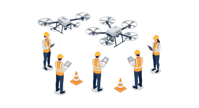 Construction team using drones for surveying and inspection vector illustration