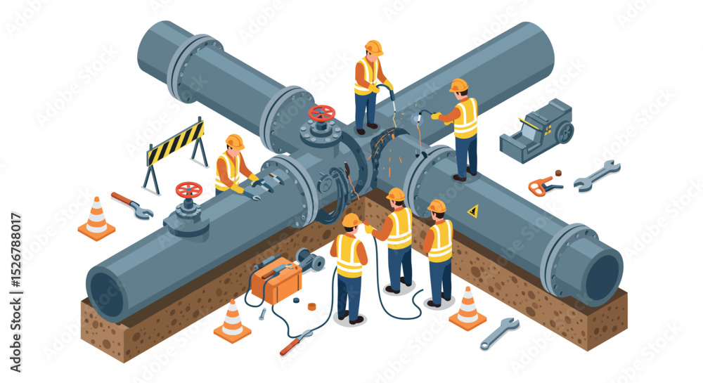 Poster infrastructure development and maintenance with engineers working on pipeline system construction ve