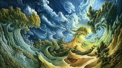 A swirling landscape of sculpted trees and clouds.