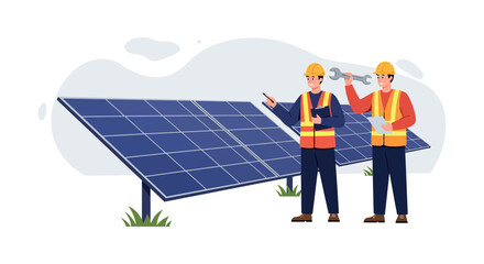 Engineers inspecting solar panels for renewable energy development and sustainability vector illustration