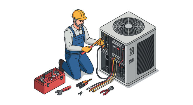 Technician repairing air conditioner unit with tools for hvac maintenance and repair services vector illustration
