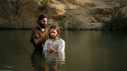John the Baptist baptizing Jesus Christ in the river Jordan. Biblical scene of Christian baptism. Religious ceremony of new testament concept video.