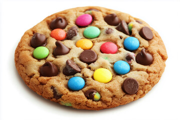 A colorful chocolate chip cookie with mixed-in colored candies on top, isolated on a white background