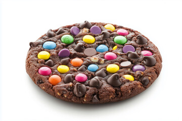 A colorful chocolate chip cookie with mixed-in colored candies on top, isolated on a white background