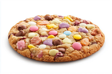 A colorful chocolate chip cookie with mixed-in colored candies on top, isolated on a white background