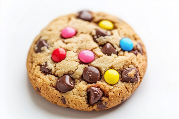 A colorful chocolate chip cookie with mixed-in colored candies on top, isolated on a white background