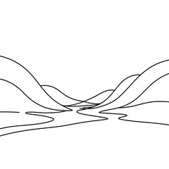 Serene Mountain Stream: A minimalist line drawing of a tranquil mountain stream winding its way through rolling hills, creating a serene and peaceful landscape.