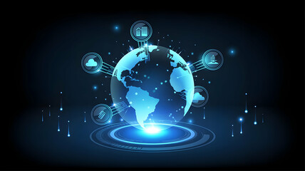 Obraz premium Glowing earth hologram with connected icons on a dark blue background technology representation