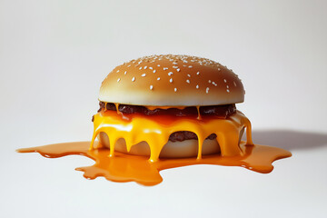 A giant hamburger with dripping cheese and sauce,