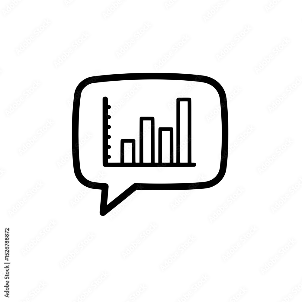 Poster data analysis discussion: a simple line art illustration depicting a bar graph within a speech bubbl