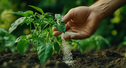 A hand of a farmer pouring some white metal granules on a young sweet pepper plant in the garden