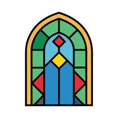 Arched stained glass window illustration with geometric shapes and vibrant colors