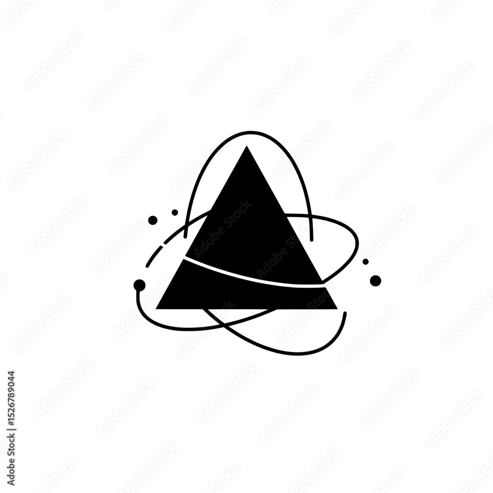 Poster geometric elegance: a striking graphic of a bold triangle encircled by delicate line orbits, an arti